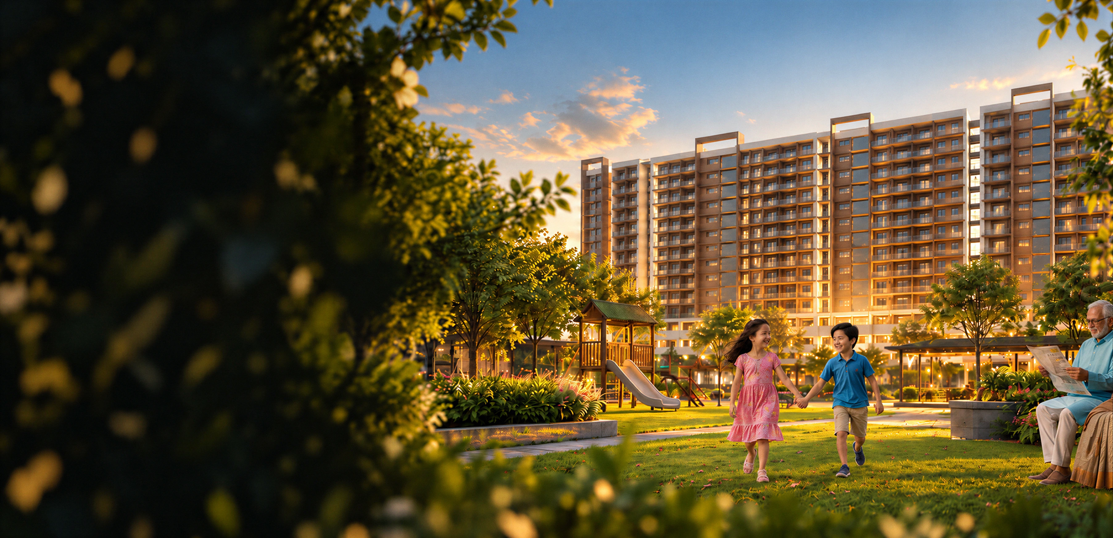 Oceanus Grandeur — twin towers with landscaped gardens at golden hour